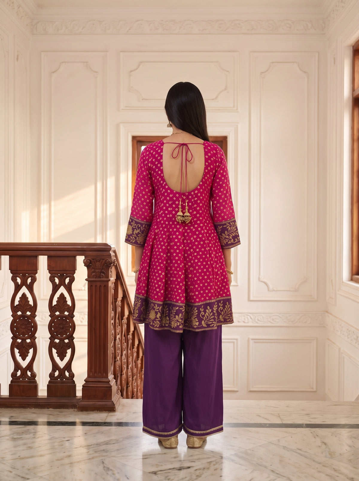 Magenta Mela Rani Chinon Readymade Peplum Suit And Palazzo With Net Dupatta - back