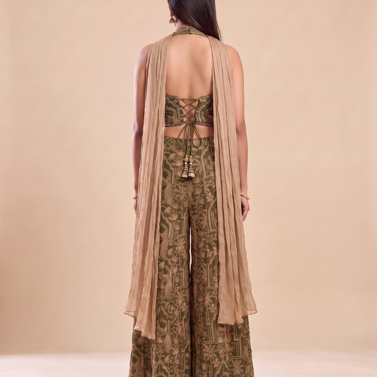 Henna Glow Mehndi Georgette Readymade Halter Top And Palazzo Set With Crush Tissue Dupatta - back