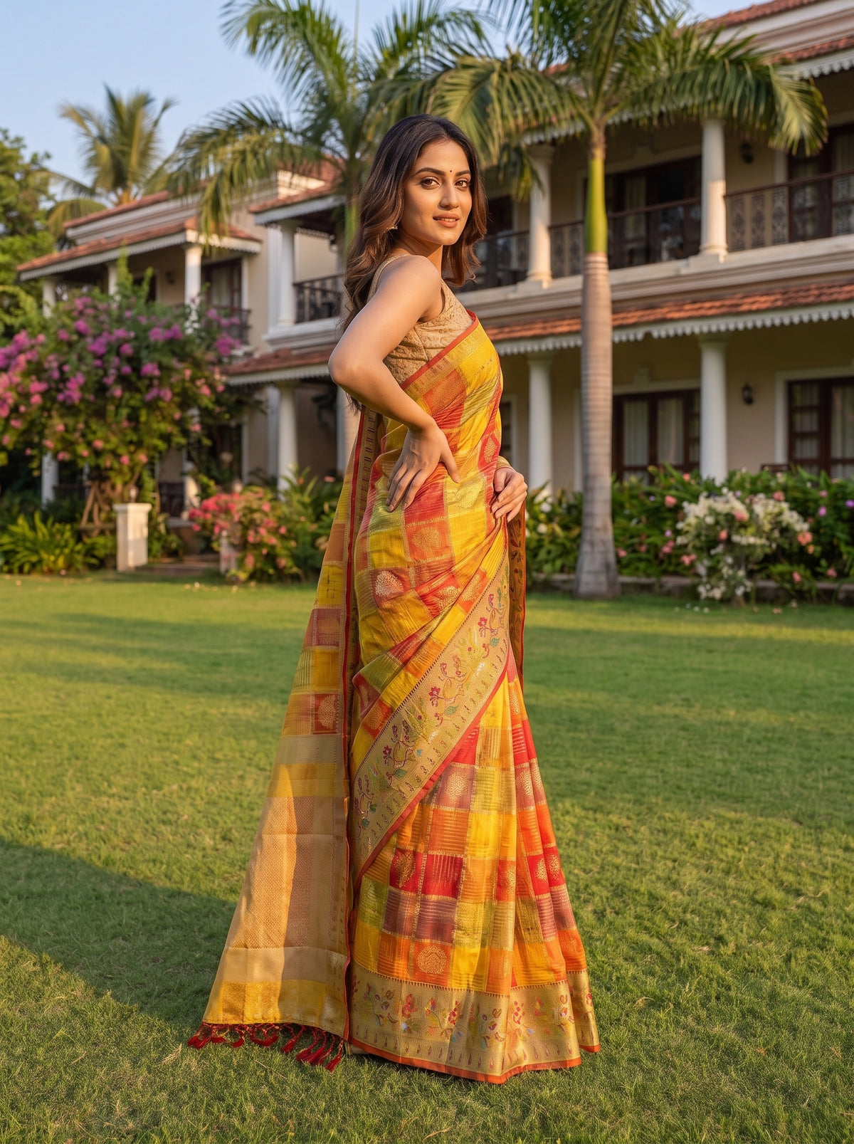 Mustard Organza Zari Saree - Back