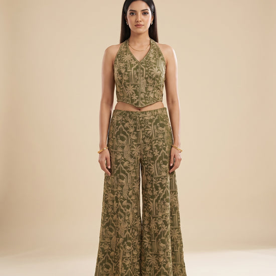 Henna Glow Mehndi Georgette Readymade Halter Top And Palazzo Set With Crush Tissue Dupatta - mood