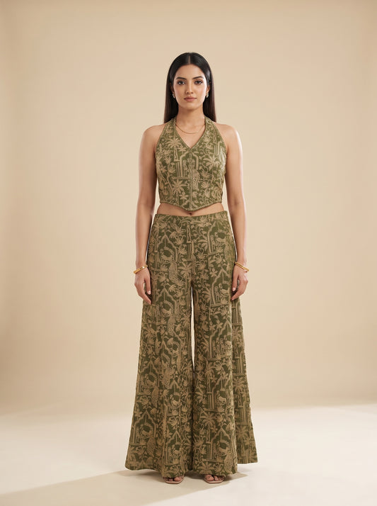 Henna Glow Mehndi Georgette Readymade Halter Top And Palazzo Set With Crush Tissue Dupatta - mood