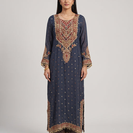 Midnight Mehfil Blue Crepe Readymade Suit And Pant With Contrast Dupatta - mood