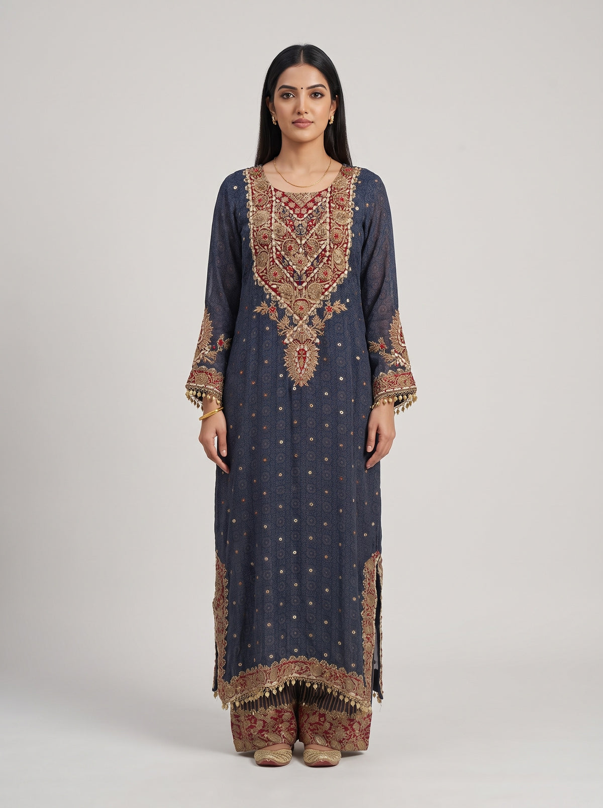 Midnight Mehfil Blue Crepe Readymade Suit And Pant With Contrast Dupatta - mood
