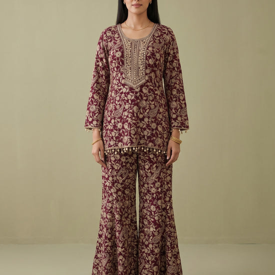 Wine Heritage Garnet Georgette Readymade Embroidered Sharara Set With Net Dupatta - mood
