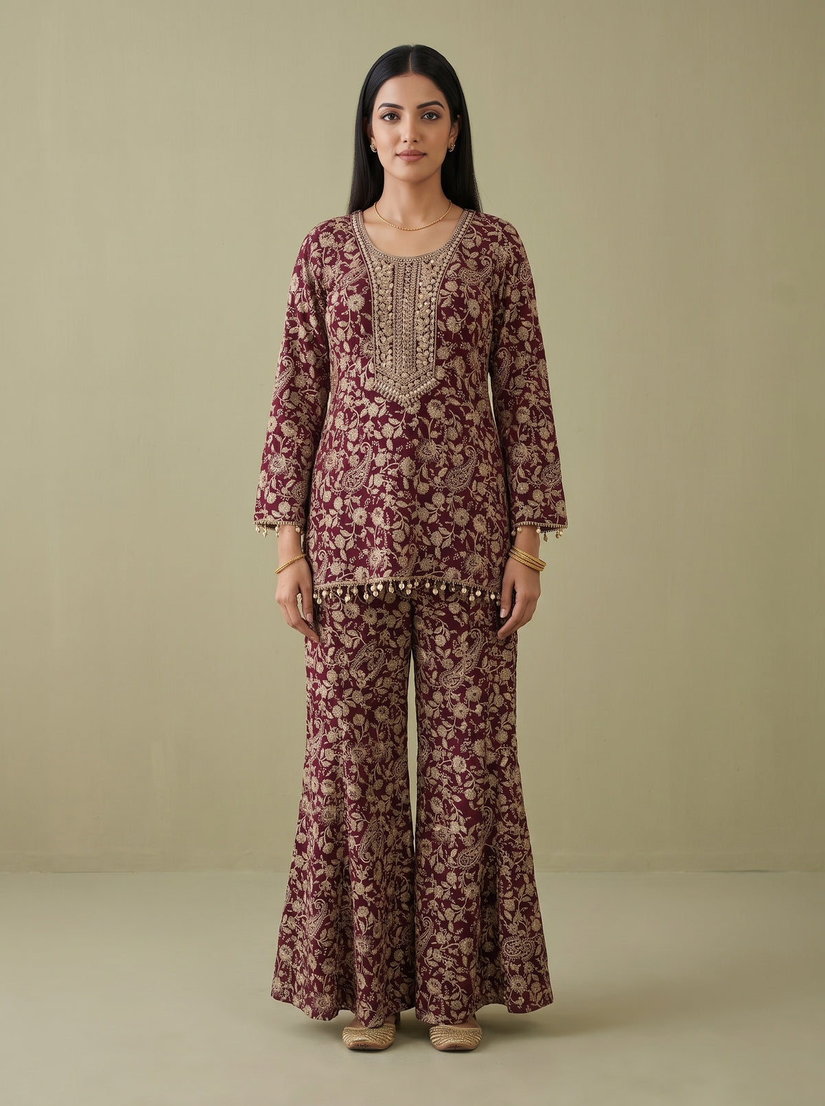 Wine Heritage Garnet Georgette Readymade Embroidered Sharara Set With Net Dupatta - mood