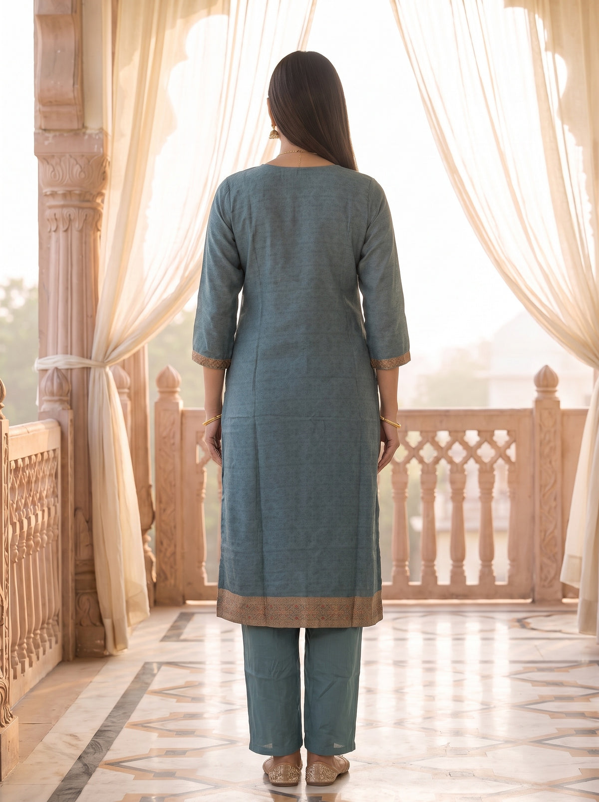 Monsoon Slate Grey Cotton Readymade Suit - back