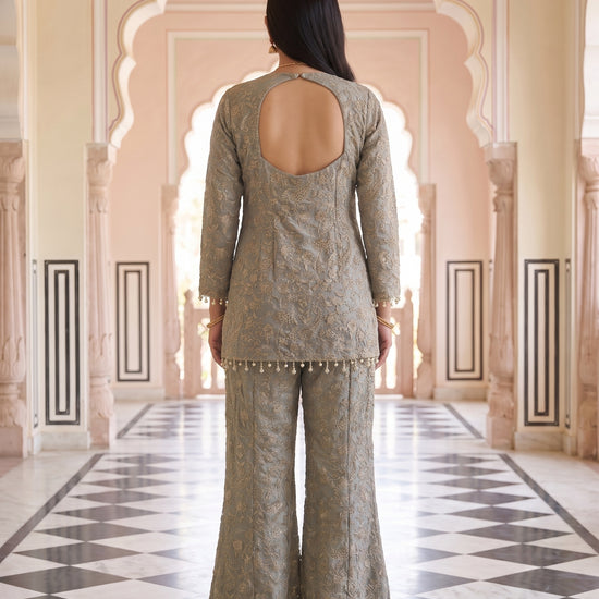 Silver Mist Grey Georgette Readymade Embroidered Sharara Set With Net Dupatta - back