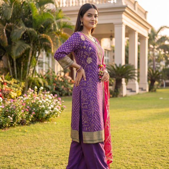 Royal Plum Purple Georgette Readymade Suit And Pant With Rani Pink Dupatta - back