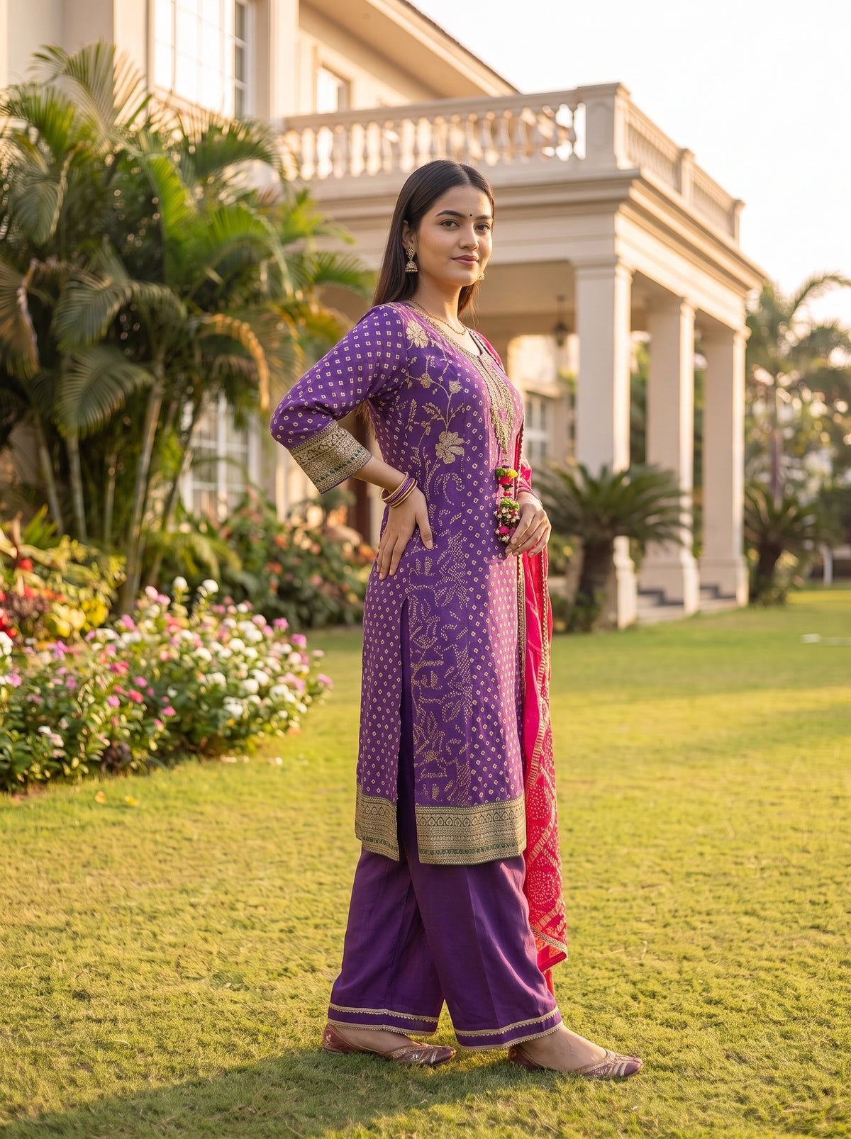 Royal Plum Purple Georgette Readymade Suit And Pant With Rani Pink Dupatta - back