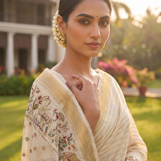 White Cotton Embroidered Saree - Close Up