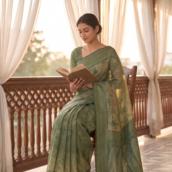 Pista Muslin Floral Printed Saree - Mood