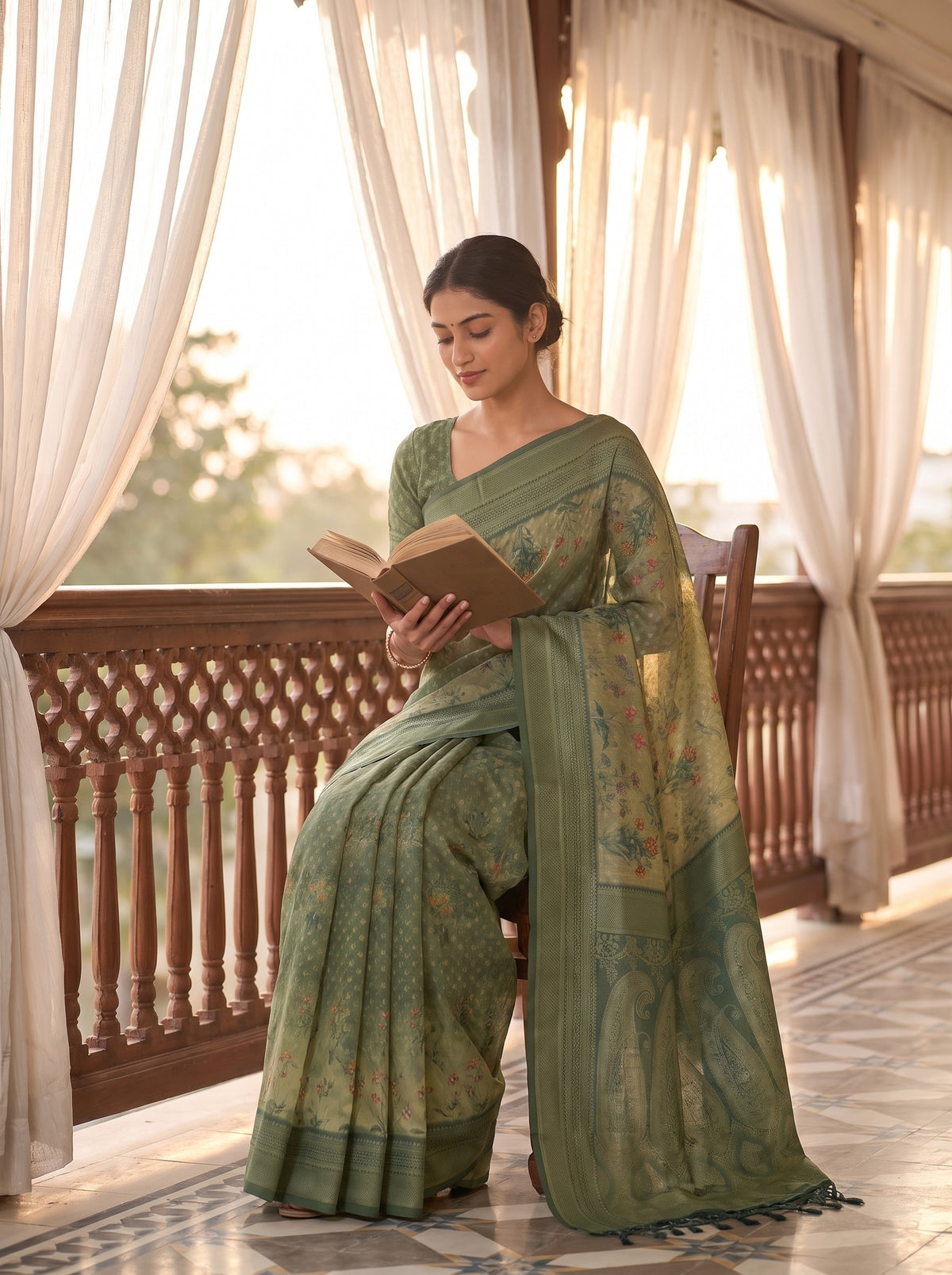 Pista Muslin Floral Printed Saree - Mood