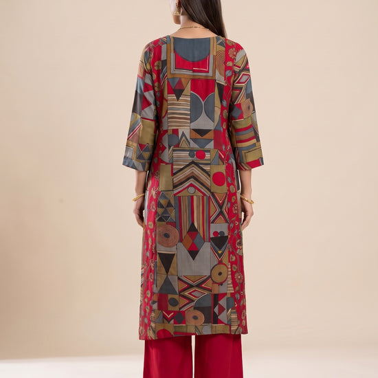 Heritage Patchwork Red Cotton Readymade Suit And Pant With Printed Dupatta - back