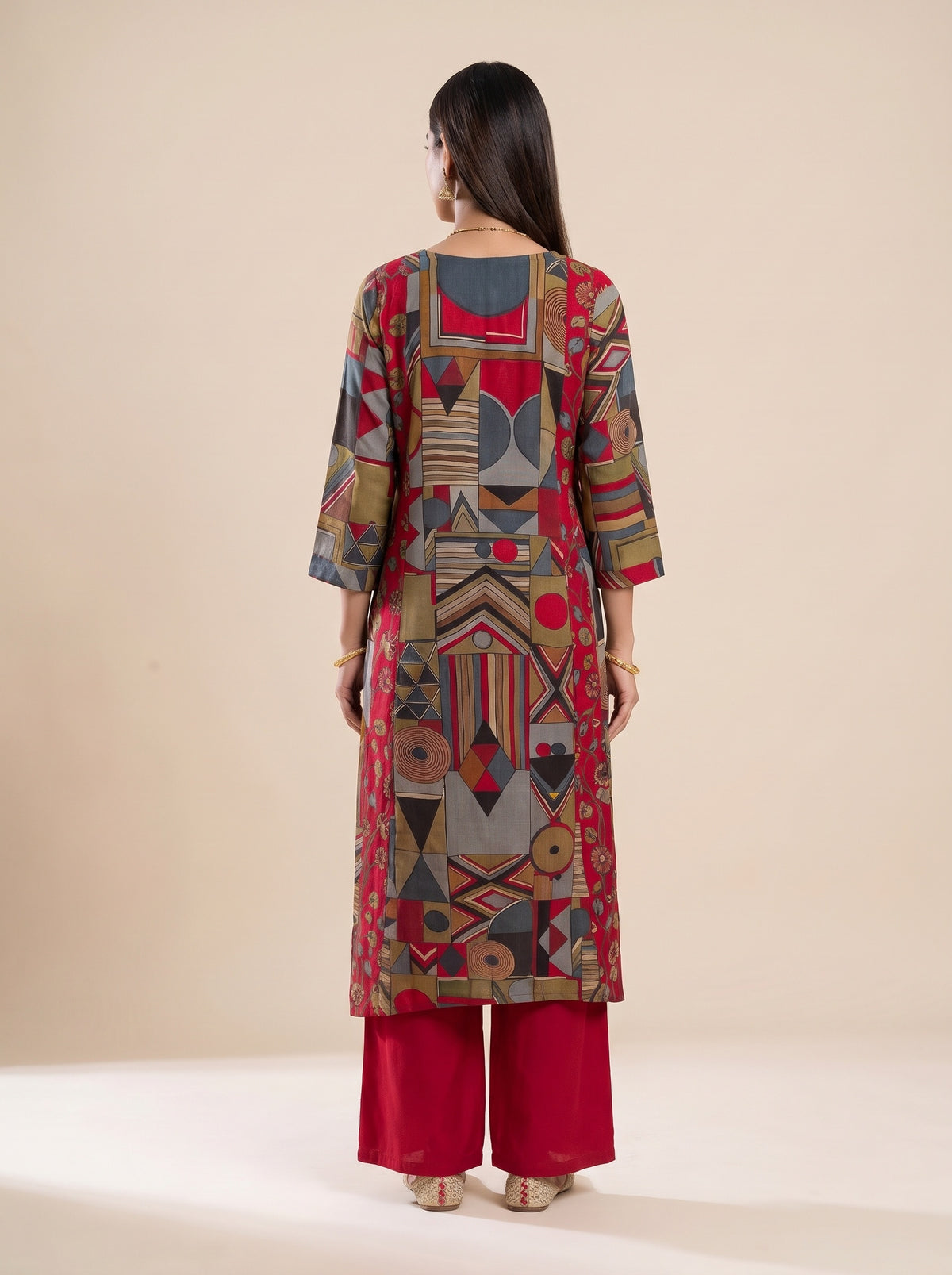 Heritage Patchwork Red Cotton Readymade Suit And Pant With Printed Dupatta - back