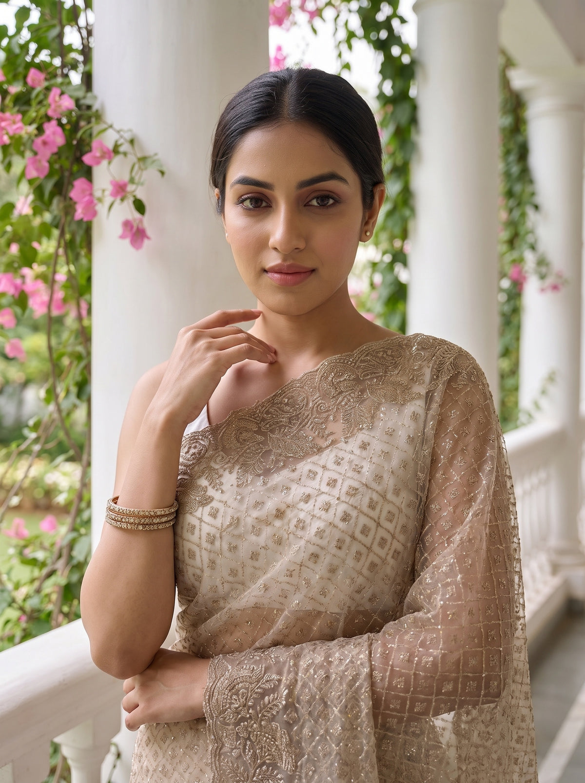 White Net Saree - Close Up