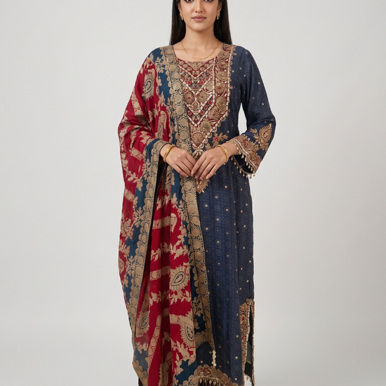 Midnight Mehfil Blue Crepe Readymade Suit And Pant With Contrast Dupatta - hero