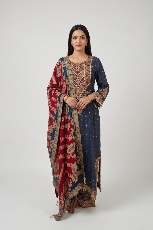 Midnight Mehfil Blue Crepe Readymade Suit And Pant With Contrast Dupatta - hero