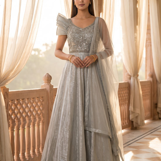 Mint Whisper Pista Lycra Readymade Anarkali Gown With Net Dupatta - mood