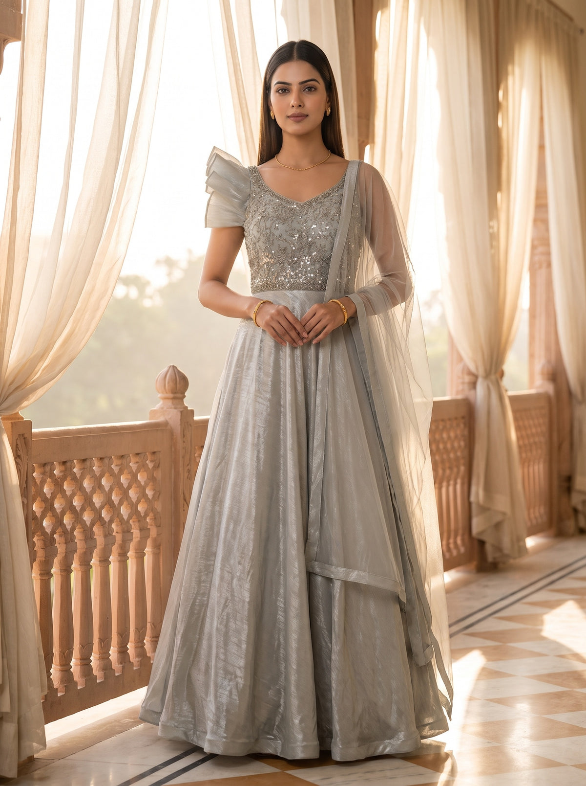 Mint Whisper Pista Lycra Readymade Anarkali Gown With Net Dupatta - mood