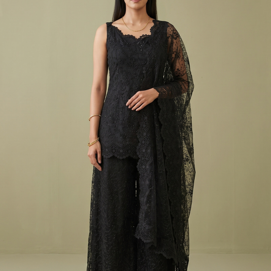 Noir Lace Black Net Readymade Suit And Palazzo With Net Dupatta - hero