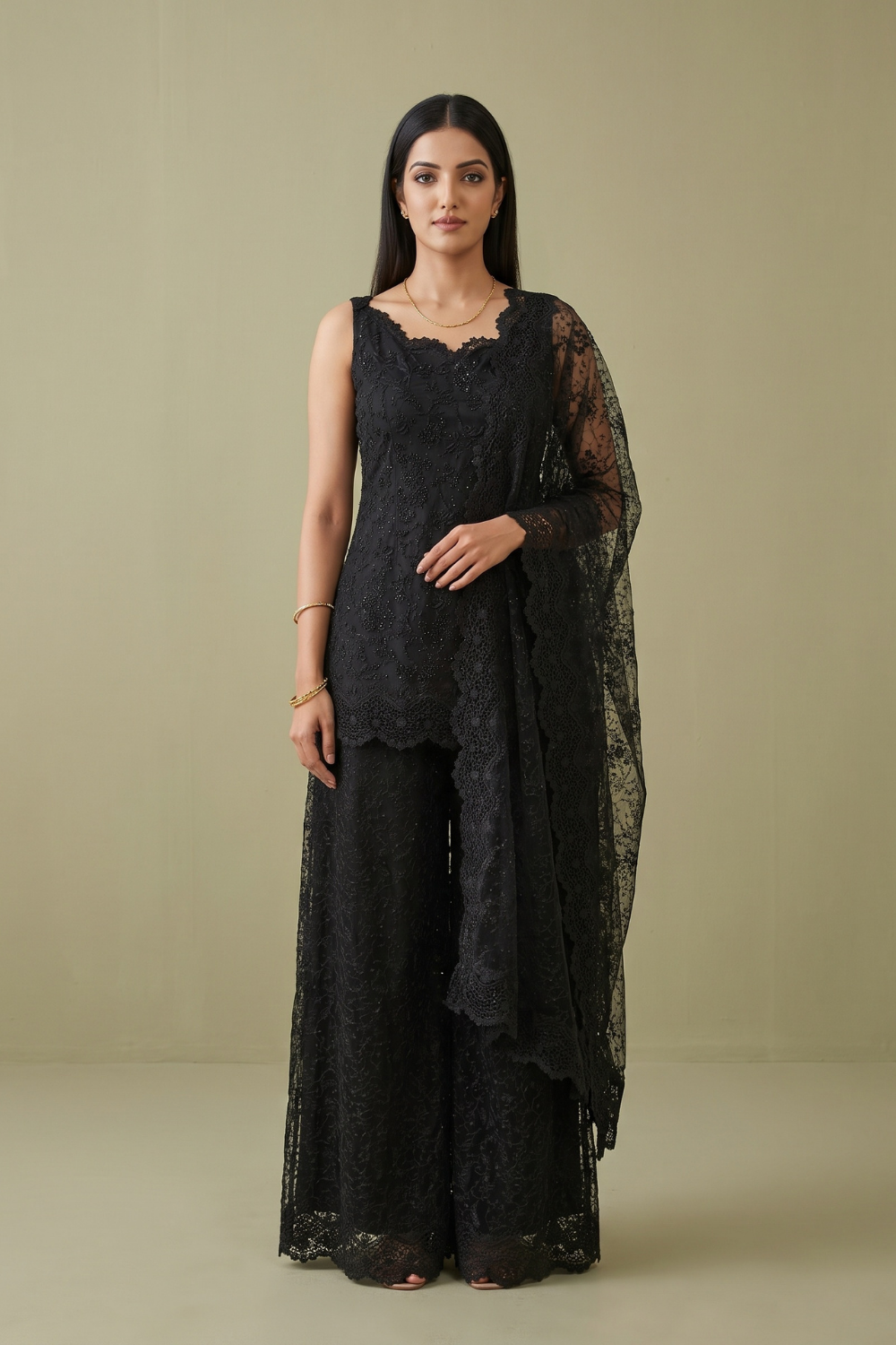 Noir Lace Black Net Readymade Suit And Palazzo With Net Dupatta - hero