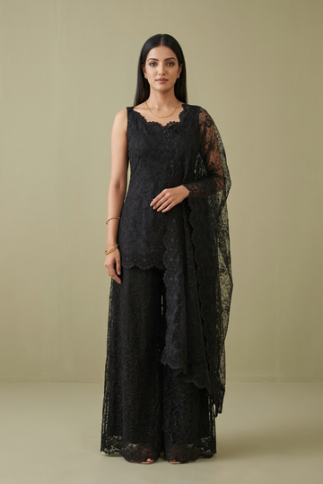 Noir Lace Black Net Readymade Suit And Palazzo With Net Dupatta - hero