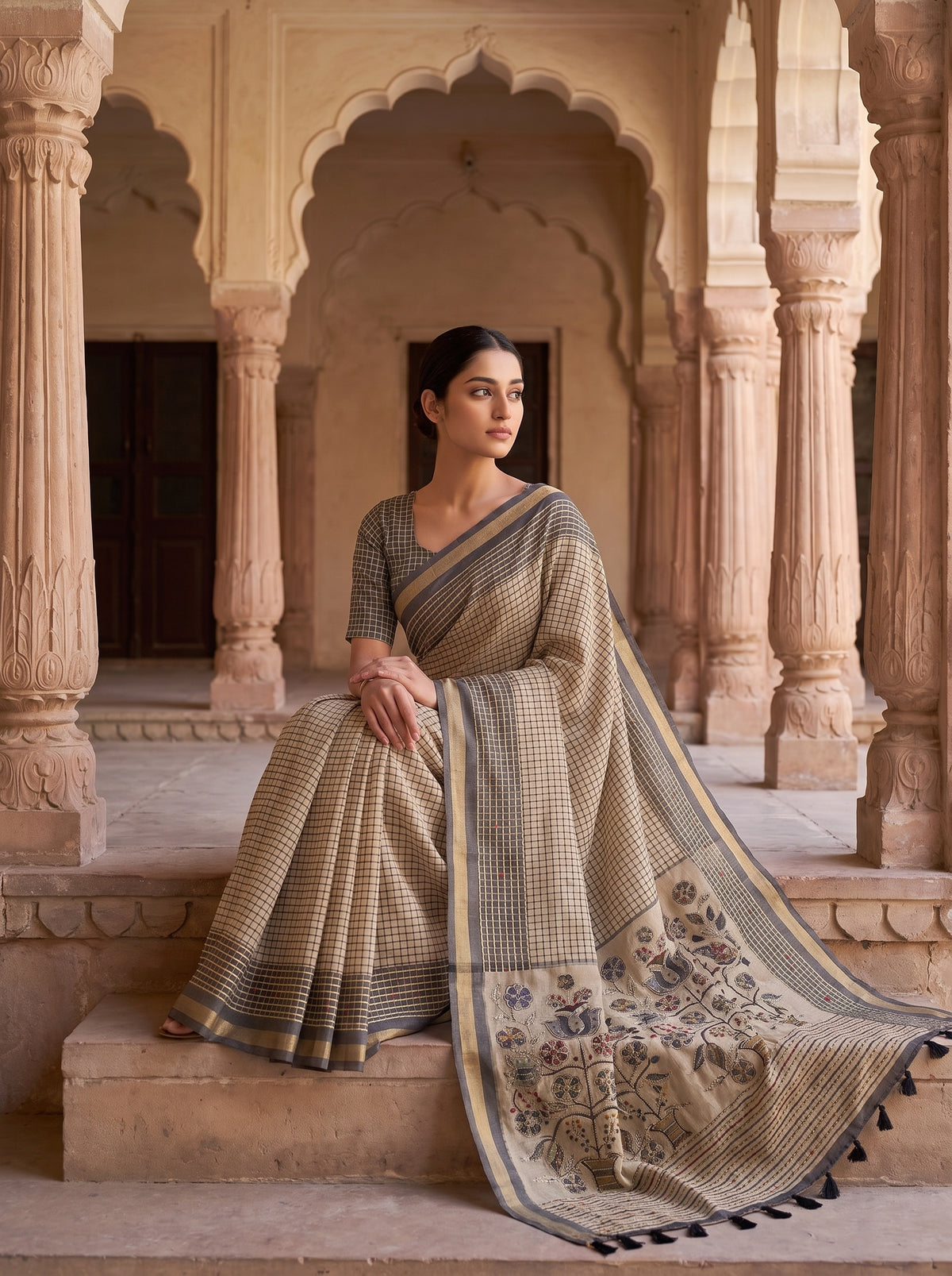 Tusser Cotton Embroidered Saree - Mood