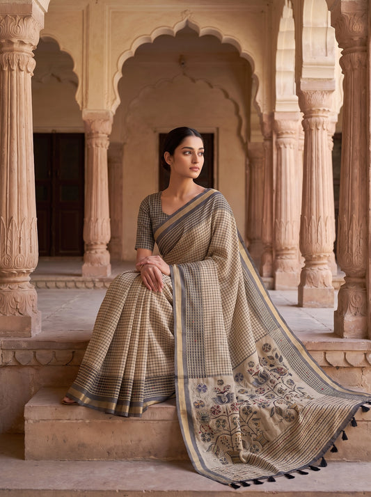 Tusser Cotton Embroidered Saree - Mood
