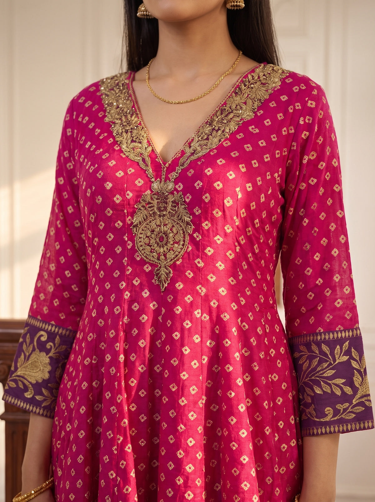 Magenta Mela Rani Chinon Readymade Peplum Suit And Palazzo With Net Dupatta - closeup
