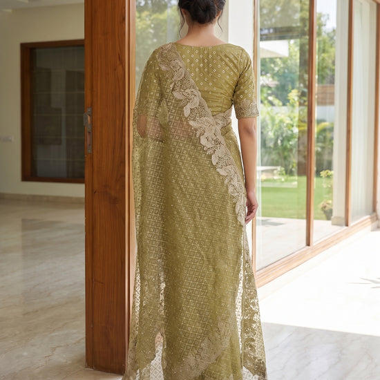 Mehndi Net Saree - Back