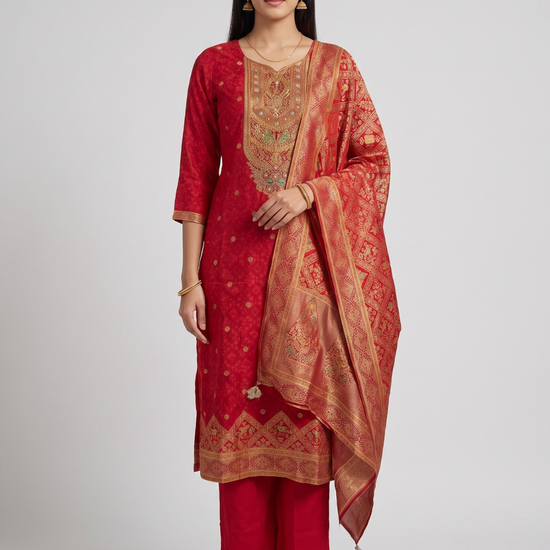 Laal Utsav Red Cotton Readymade Suit And Pant With Printed Dupatta - hero