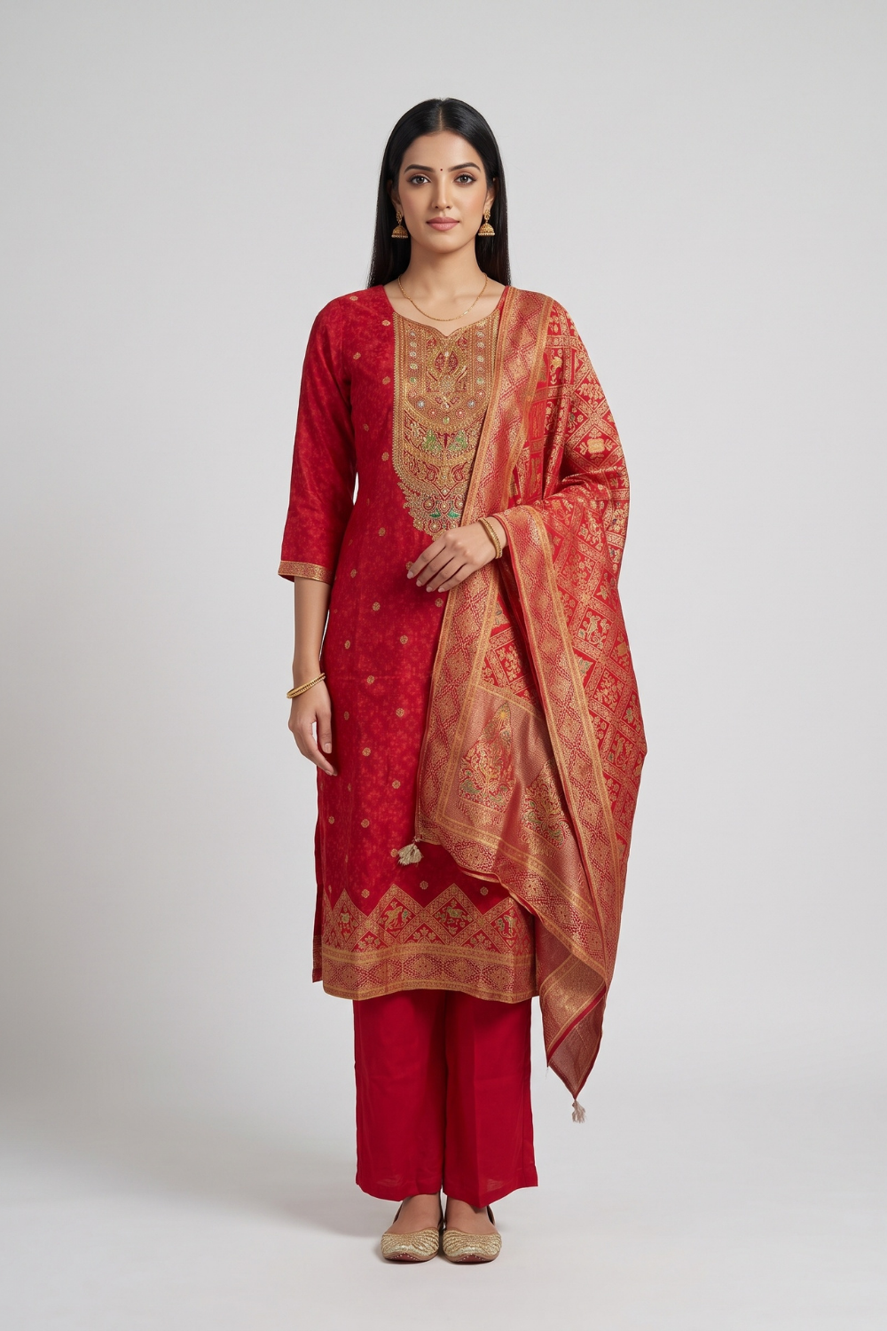 Laal Utsav Red Cotton Readymade Suit And Pant With Printed Dupatta - hero