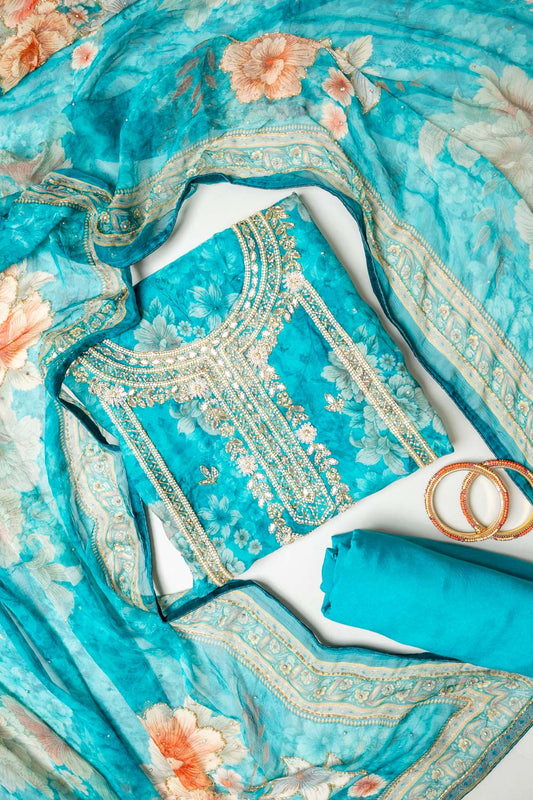 Effortless glamour Rama Organza Unstitched Salwar Suit With Chiffon Dupatta