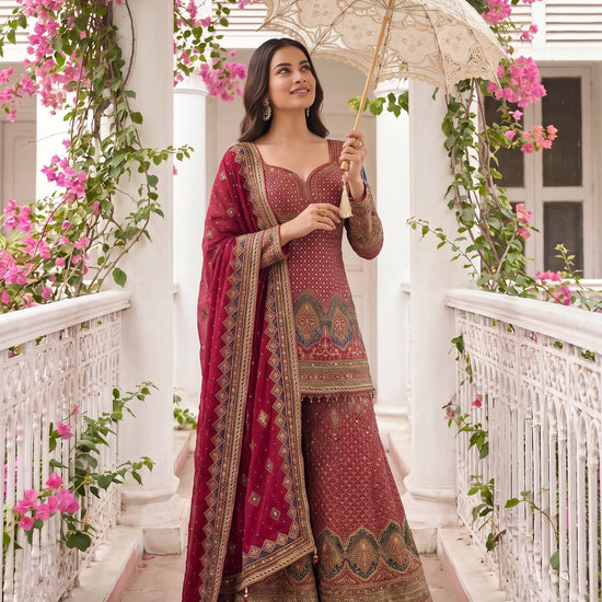 Rajkumari Maroon Crepe Readymade Heavy Embroidered Sharara Set With Net Dupatta - mood