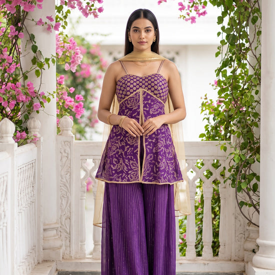 Royal Orchid Purple Georgette Readymade Strappy Suit And Palazzo With Net Dupatta - hero