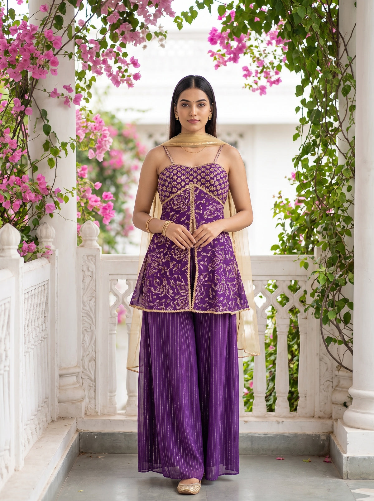 Royal Orchid Purple Georgette Readymade Strappy Suit And Palazzo With Net Dupatta - hero