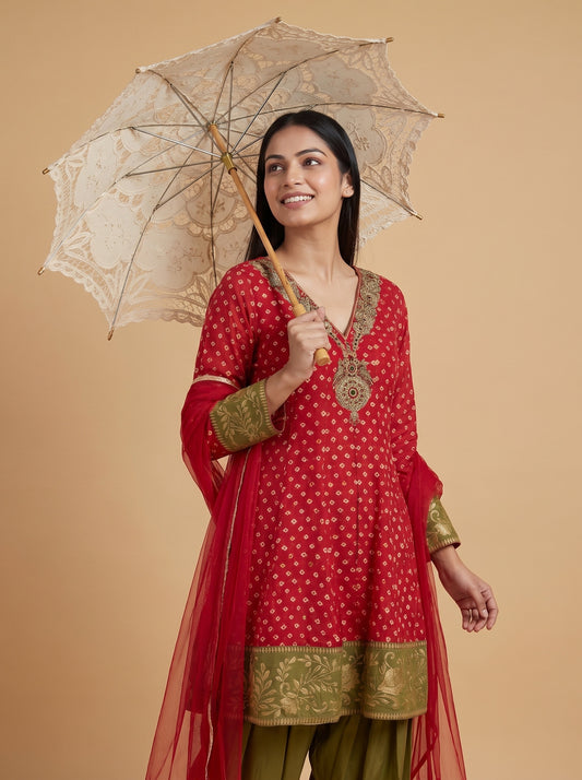 Mehfil Maroon Mehndi Chinon Readymade Peplum Suit And Salwar With Net Dupatta - mood