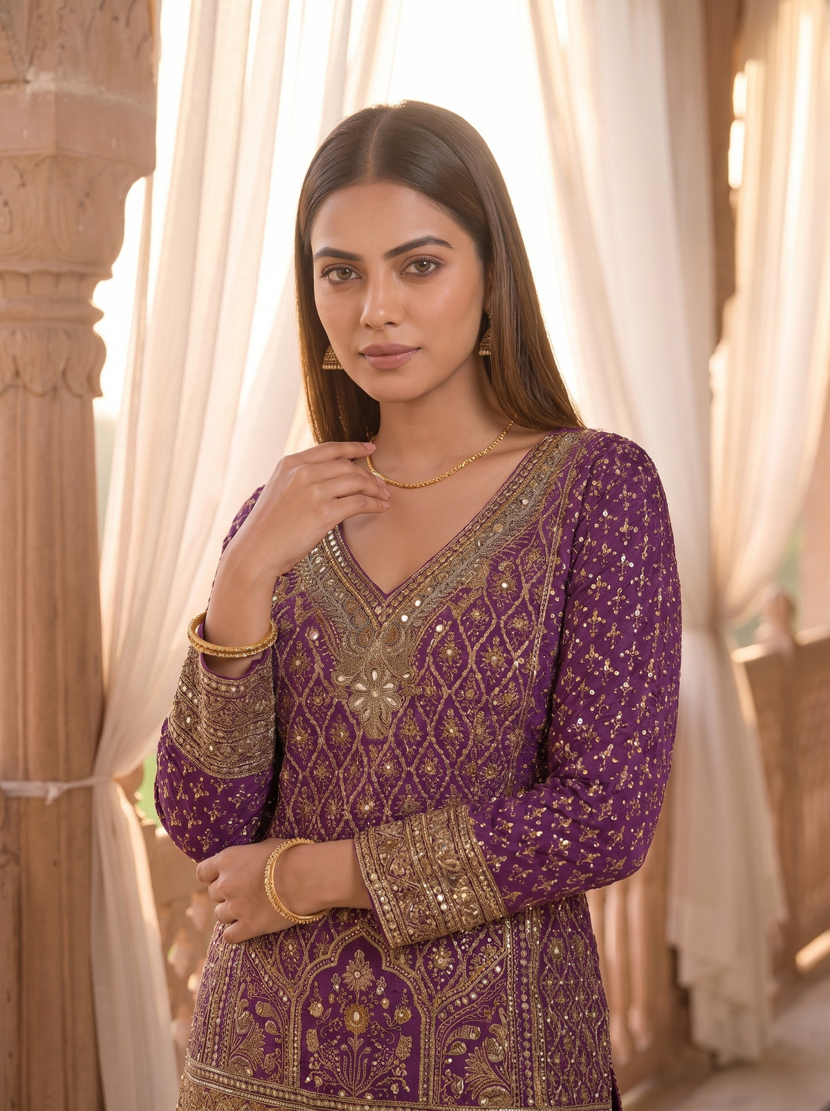 Maharani Magenta Crepe Readymade Gota Patti Sharara Set With Dupatta - closeup