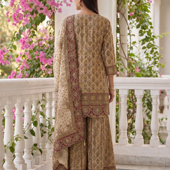 Ivory Heirloom Crepe Readymade Sharara Suit Set With Maroon Border Dupatta - back