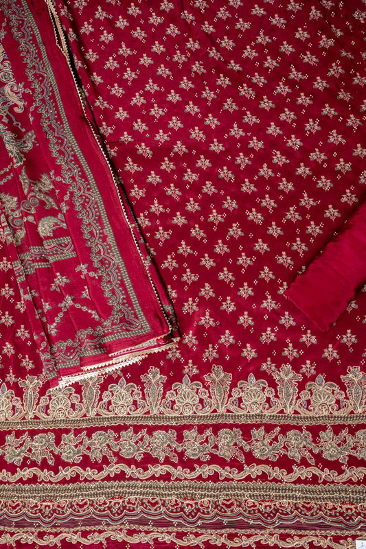Heritage Heirloom Maroon Crepe Unstitched Salwar Suit With Chinon Dupatta