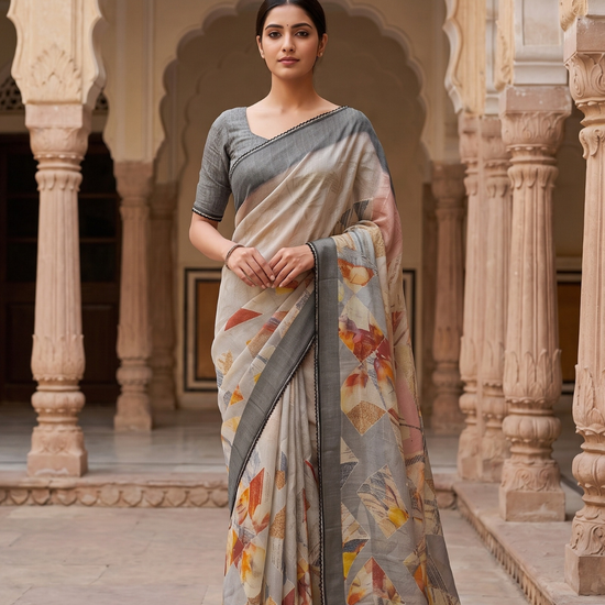 Peach Grey Cotton Printed Saree - Hero