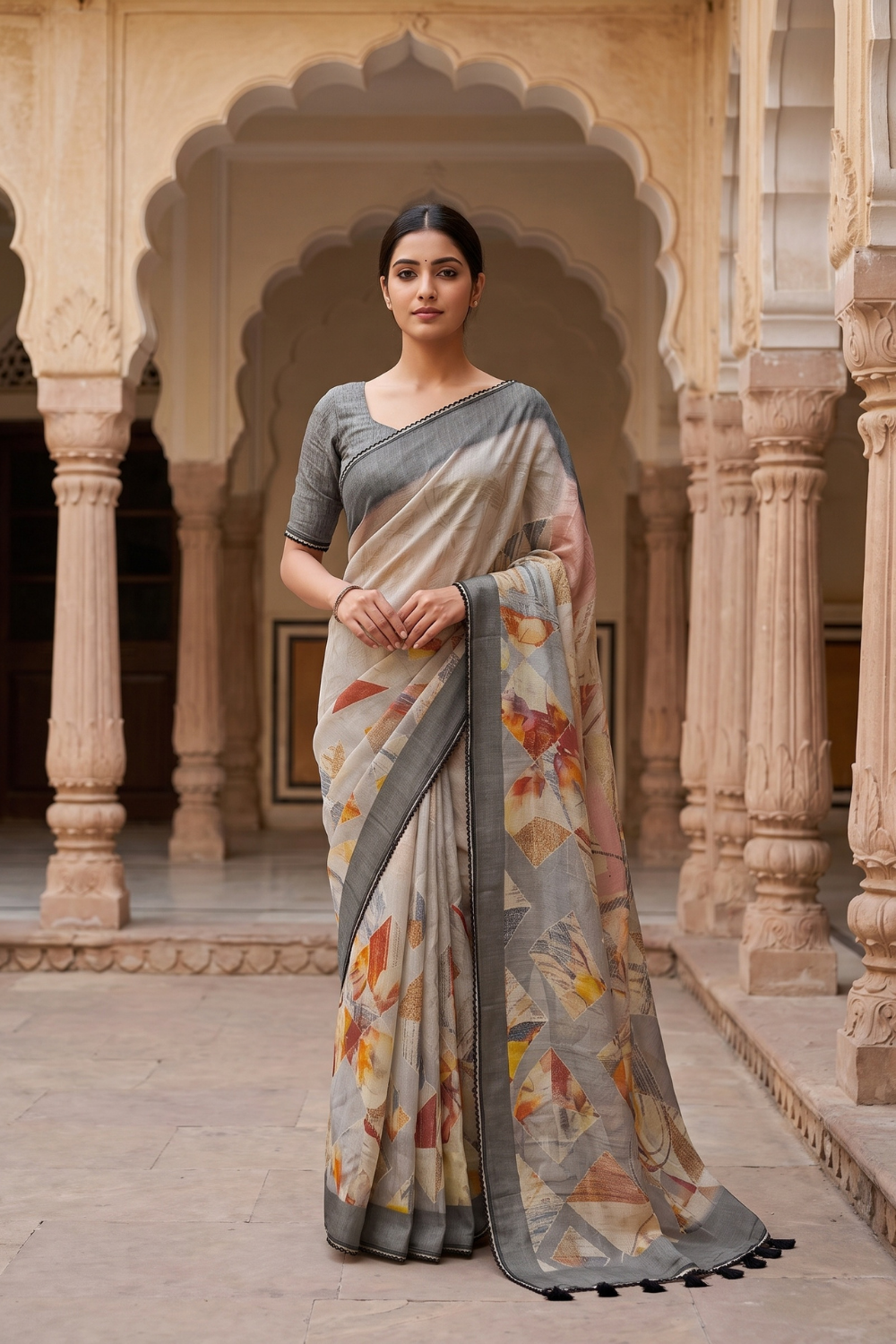 Peach Grey Cotton Printed Saree - Hero