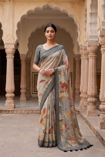 Peach Grey Cotton Printed Saree - Hero