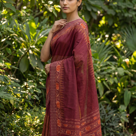 Mustard Maroon Cotton Floral Printed Saree - Side