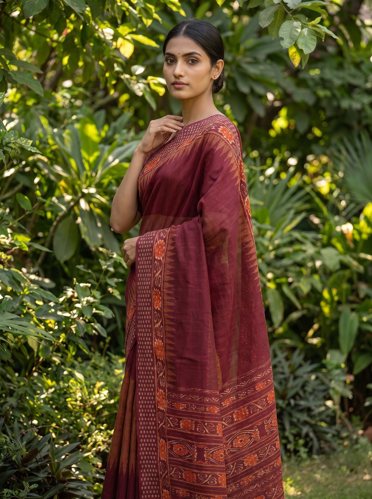 Mustard Maroon Cotton Floral Printed Saree - Side