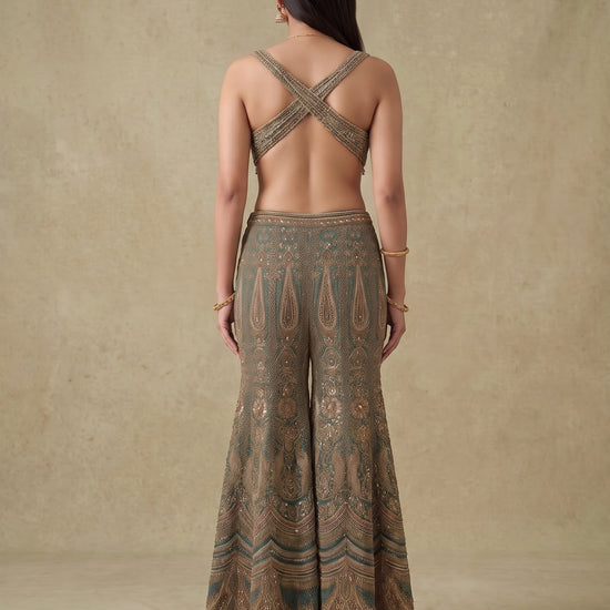 Mint Mehfil Green Crepe Readymade Halter Top And Sharara Set With Cape Dupatta - back