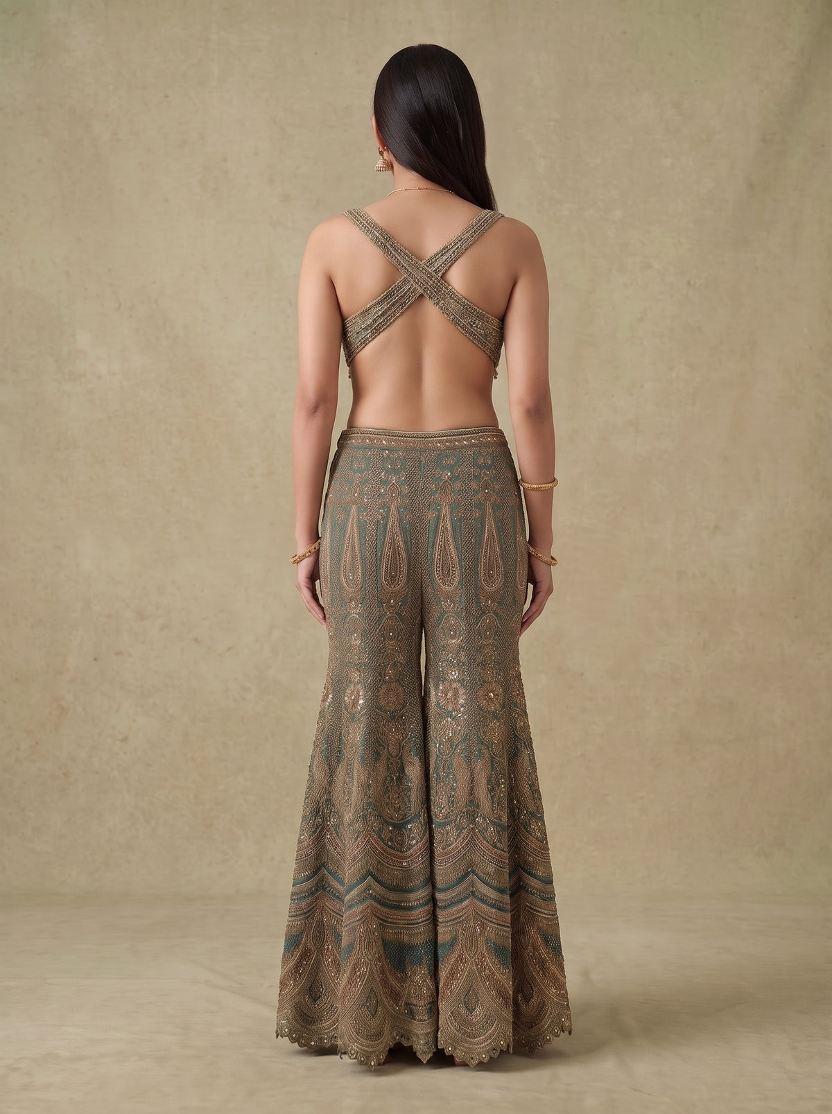Mint Mehfil Green Crepe Readymade Halter Top And Sharara Set With Cape Dupatta - back