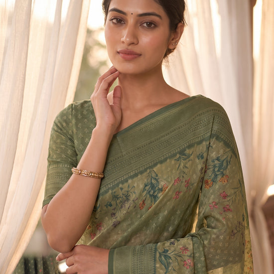 Pista Muslin Floral Printed Saree - Close Up