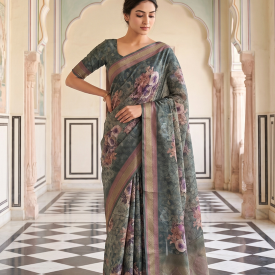 Mint Green Organza Floral Printed Saree - Hero