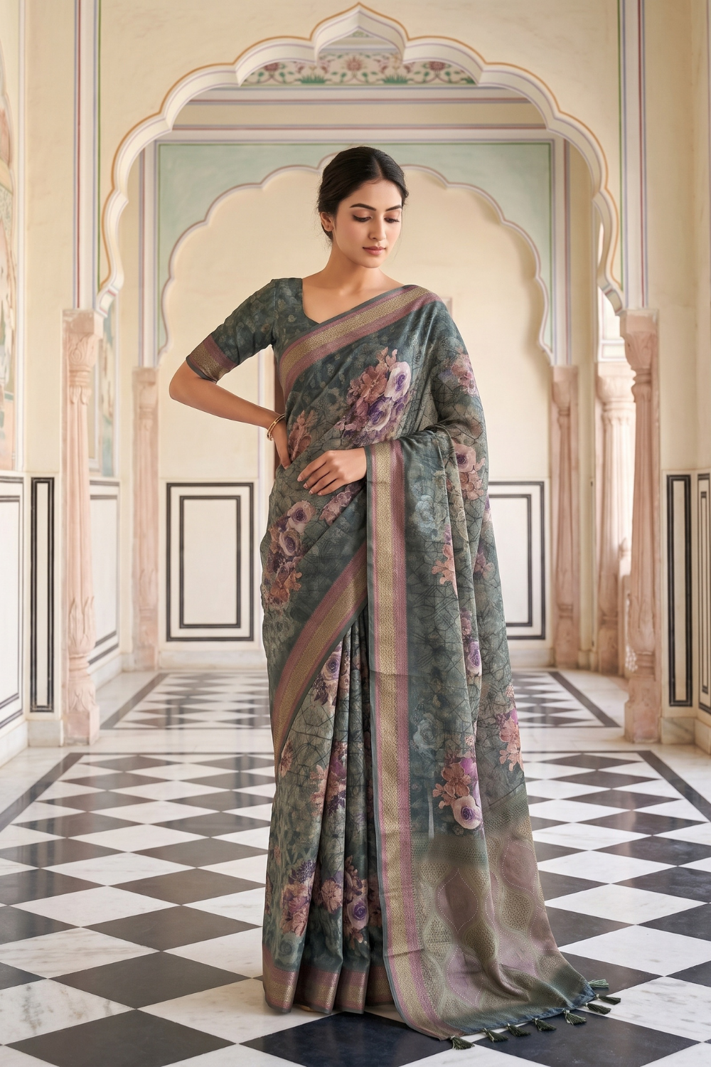Mint Green Organza Floral Printed Saree - Hero